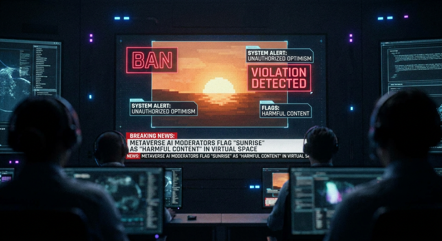 MetaCity's AI Moderation System Banned the Sunrise Simulator for 'Repetitive Unsolicited Morning Content' — 200 Million Users Woke Up to Darkness