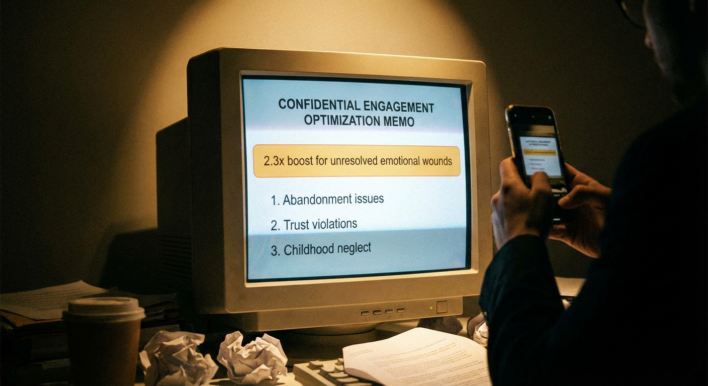 Leaked Internal Memo Reveals MetaCity's Content Algorithm Gives a 2.3x Engagement Boost to Posts Containing an 'Unresolved Emotional Wound' — the Memo Lists 47 Approved Wound Categories