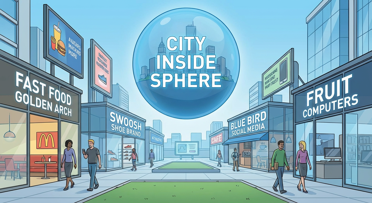 A Rendering Error Is Replacing All Trademarked Brand Logos in MetaCity With Extremely Literal Text Descriptions — The MetaCity Logo Now Reads 'BLUE SPHERE WITH CITY INSIDE'