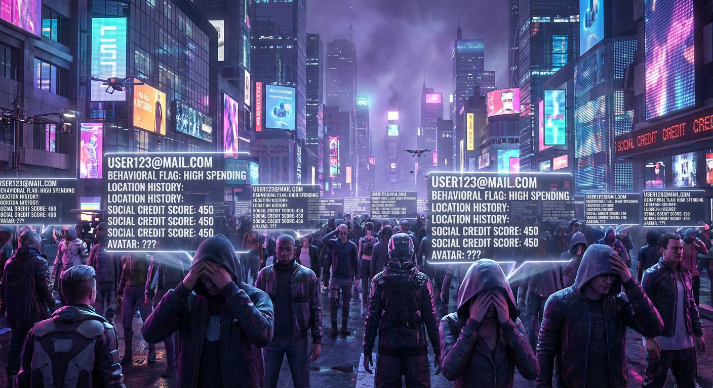 A Rendering Bug Is Displaying Every Avatar's Full Account Registration Data as Floating Text Above Their Head in the Civic District — Including Email Addresses, Join Dates, and a Column Labeled 'Noted Behavioral Flags'