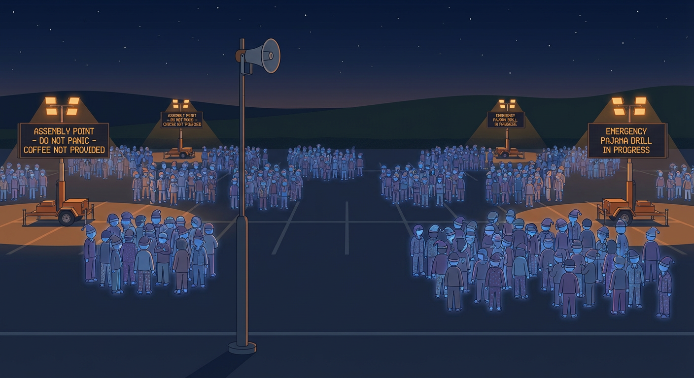 The District Emergency Evacuation System Ran a Drill at 3:08 AM and Teleported 40,000 Sleeping Users to the Emergency Assembly Point — No One Told Them It Was a Drill — They Are Still There