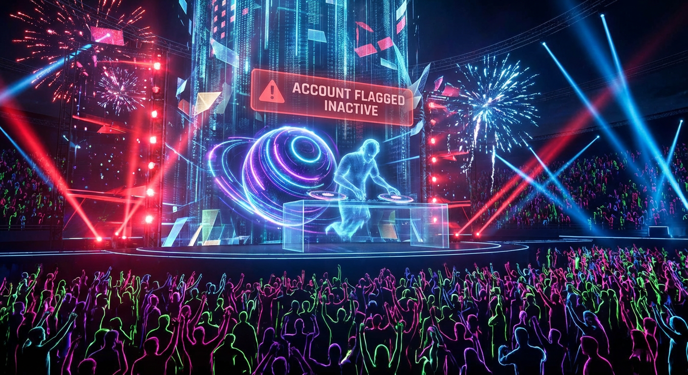 @BASSLINE_ZERO's 14-Hour Live Set Was Watched by 80 Million Avatars Last Night — A Journalist Has Discovered the DJ's Account Was Legally Flagged as Abandoned and Dead Since October and the Music Never Actually Stopped