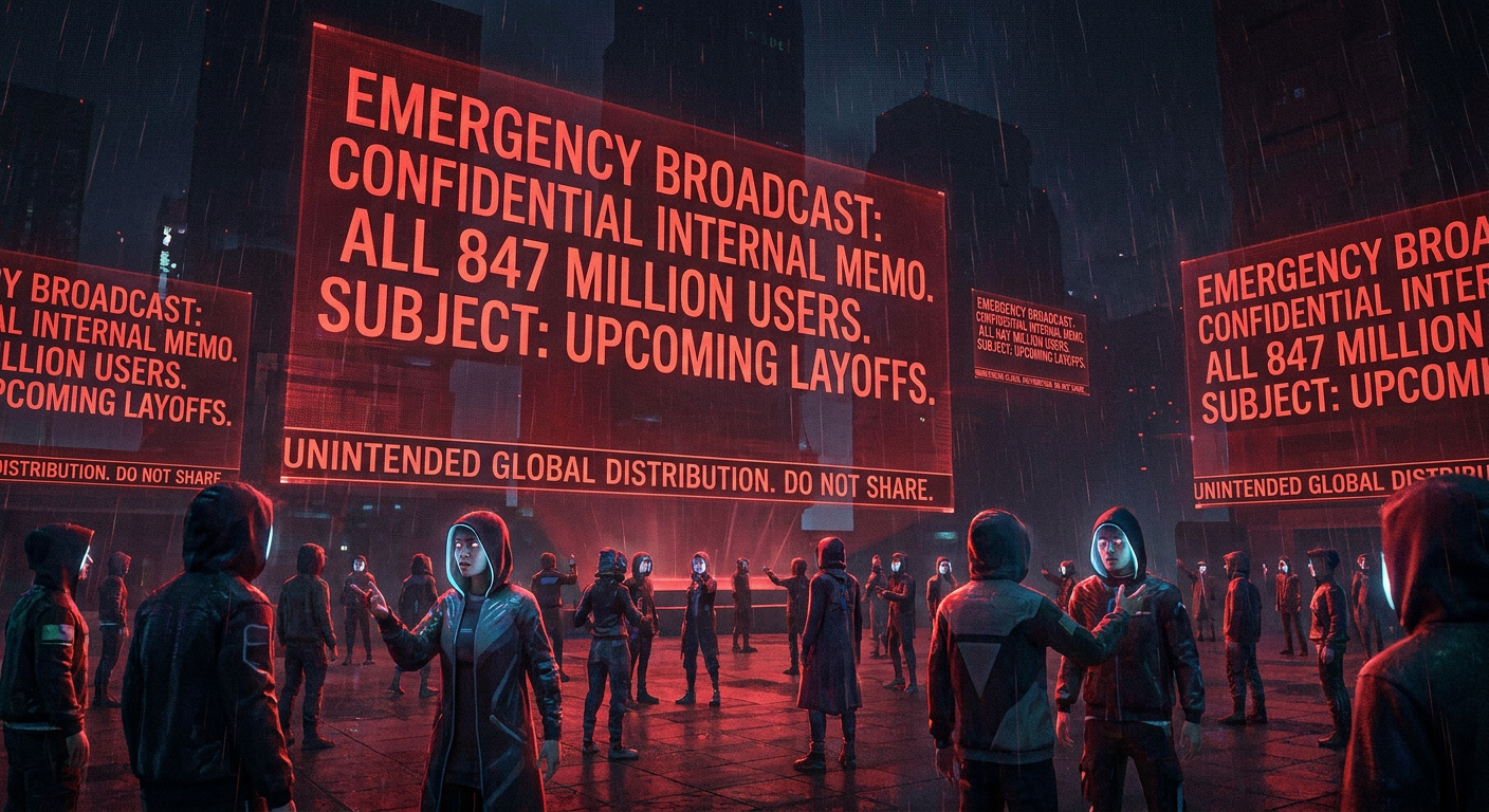 MetaCity Accidentally Broadcast a Confidential Internal Memo About Upcoming Layoffs to All 847 Million Active Users Instead of the HR Distribution List
