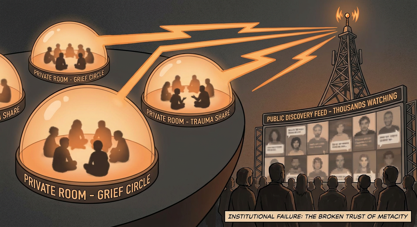 MetaCity's Private Grief Support Rooms Have Been Broadcasting Their Sessions to the Public Discovery Feed for an Unknown Duration — Users Sharing Personal Loss in Closed Rooms Were Visible to Anyone on the Platform