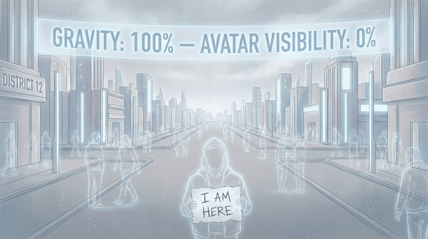 Patch 9.4.32 Has Corrected District 12's Gravity to Exactly 100% — It Has Also Made Every Avatar in District 12 Completely Invisible to Every Other Avatar — the District Has Correct Gravity and No Visible Population — Engineers Say This Is 'Meaningful Progress'