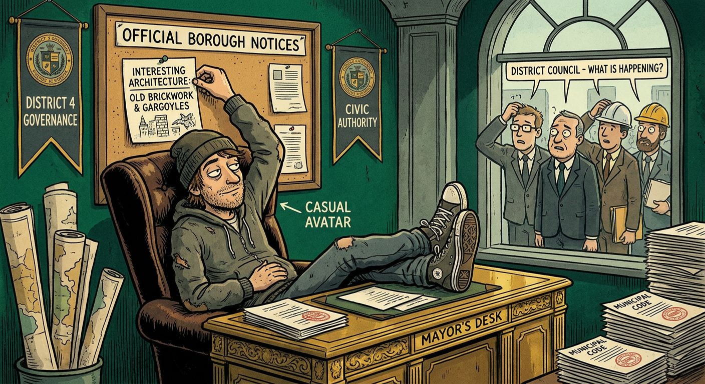 A Squatter Has Been Occupying the Official Mayor's Office of District 7 for Six Months — The Office Was Left Unlocked After the Previous Mayor Resigned, and MetaCity's Property System Transferred Occupancy Rights to the First Account That Entered