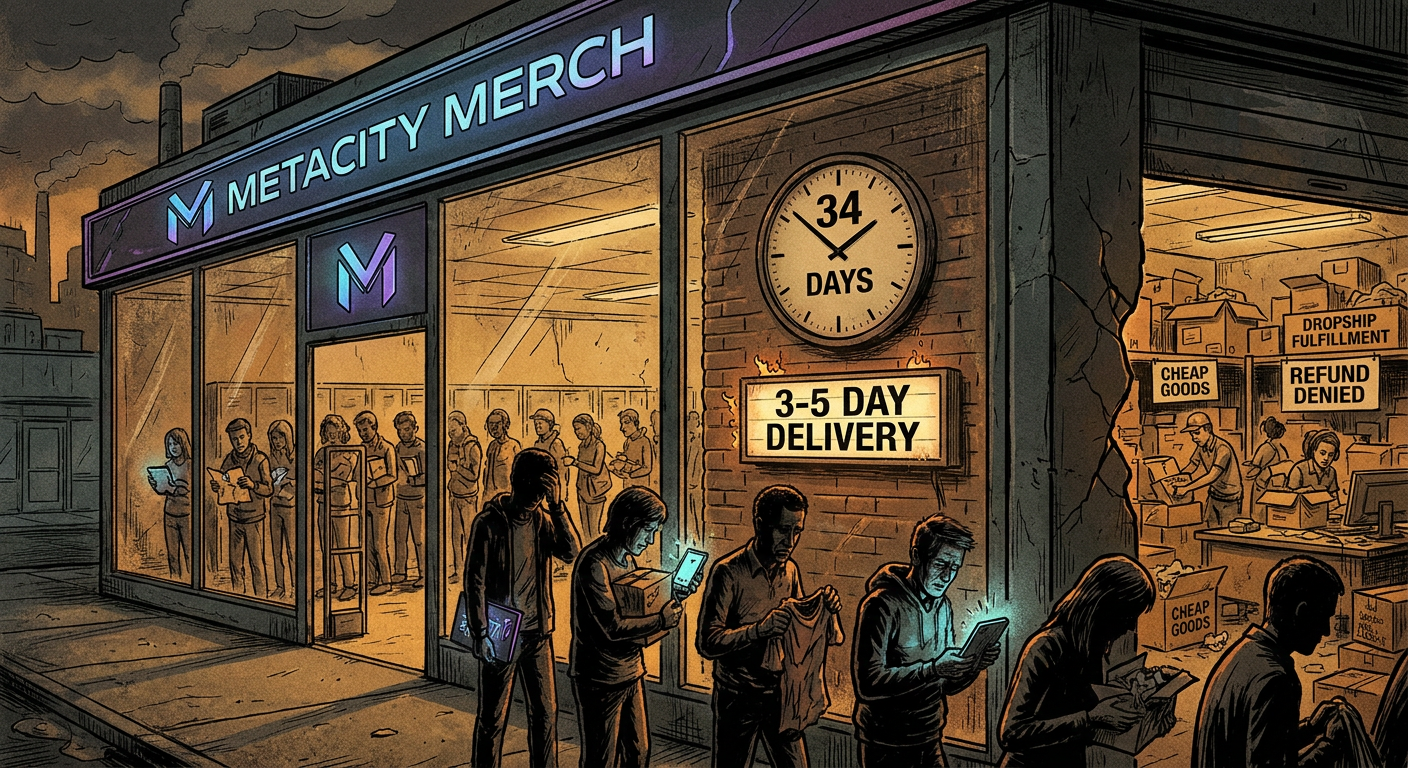 @VaultlineX's MetaCity Merch Store — 7.4 Million Followers, Two Years, 190,000 Orders — Was Fulfilled Entirely by a Dropshipper With a 34-Day Average Delivery Time and 22% Defect Rate That @VaultlineX Knew About Before Launch
