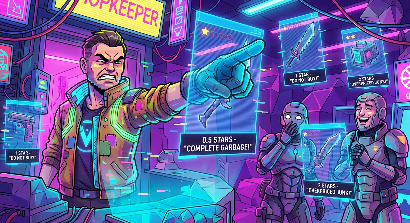 A Maintenance Window Caused All 4,200 MetaCity NPC Shopkeepers to Begin Giving Brutally Honest Product Reviews — Users Are Circulating Petitions to Make It Permanent