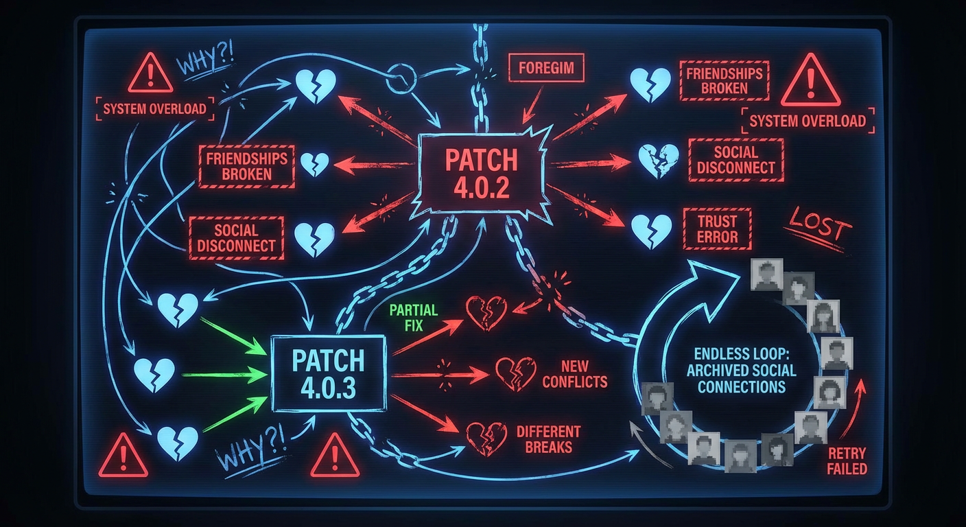 Patch 4.0.3 Was Released to Fix the Friendship Archiving Bug From 4.0.2 — It Instead Archived All Friendships That 4.0.2 Had Spared — The Fix Broke Different Friendships