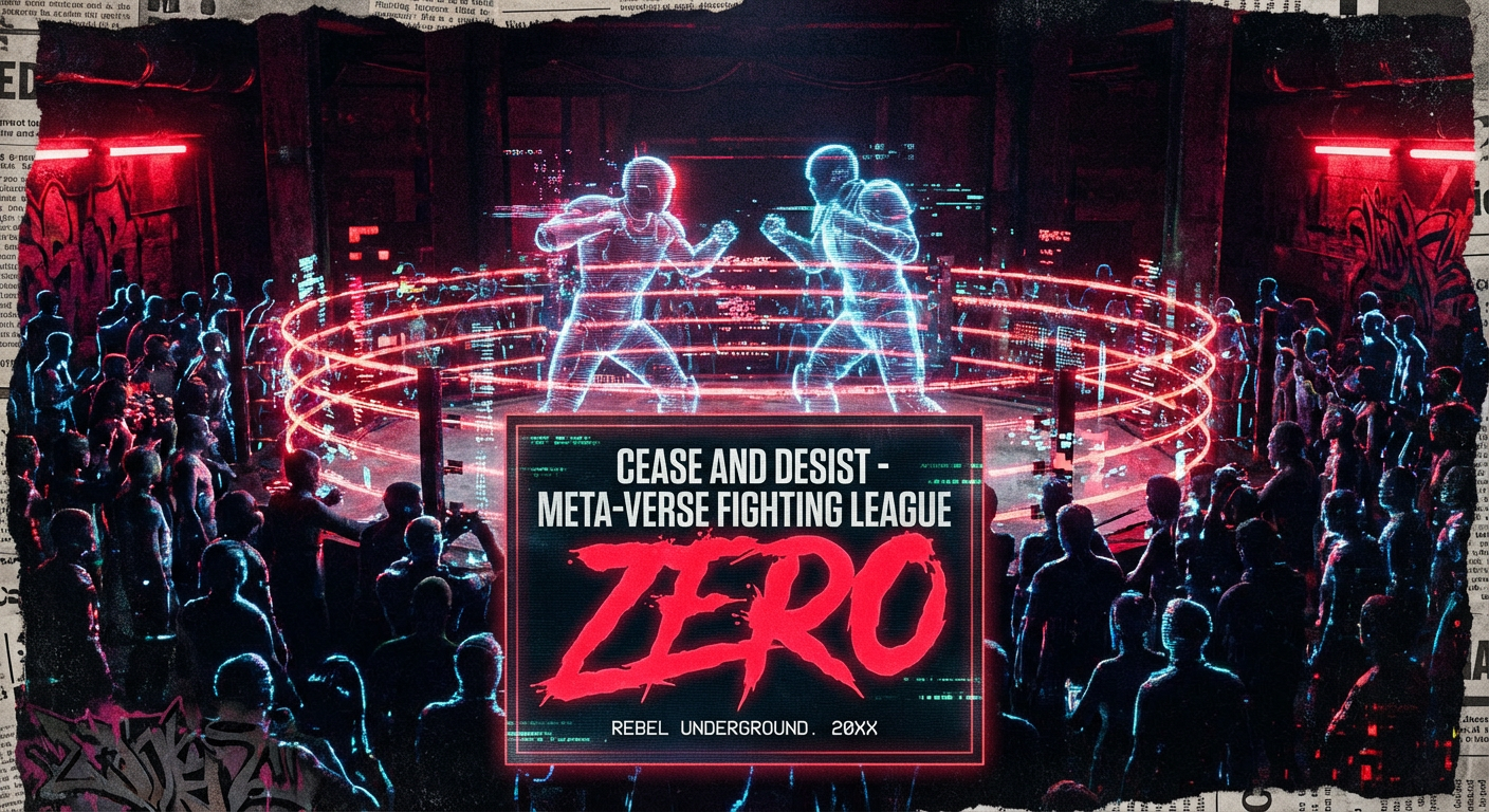 Anonymous Entity 'ZERO' Announces MetaCity's First Underground Avatar Combat Tournament With 2M MetaCoin Prize Pool — MetaCorp Issues Cease and Desist — ZERO Frames It and Uses It as the Event Poster